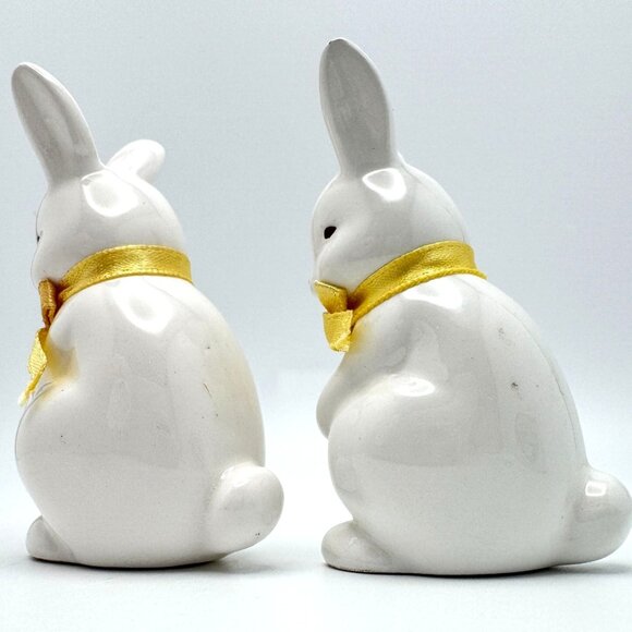Russ 1980s Vtg Easter Bunny Ceramic Figurines With Yellow Bow Set Of 2 - Picture 6 of 7